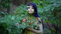 Personification of nature looking camera standing among forest trees, ecology