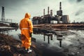 Personnel wearing a white chemical protective mask and radioactive protective suit testing the water