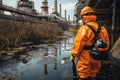 Personnel wearing a white chemical protective mask and radioactive protective suit testing the water