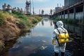 Personnel wearing a white radioactive protective suit testing the water.