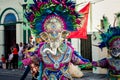 Persons in carnival elephant costumes pose for camera on dominican city street