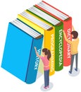 Persons choose books in online library or bookstore, man and woman stand near stack of books