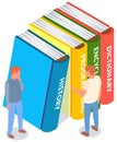 Persons choose books in online library or bookstore, stand near stack of large multi-colored books
