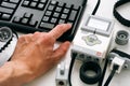 Persons hand on keyboard coding LEGO MINDSTORMS EV3 robot blocks on computer Royalty Free Stock Photo