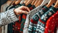 A persons hand reaching for and selecting trendy Christmas sweaters from a rack in a store