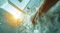 A persons hand in a tub of water with bubbles coming out, AI Royalty Free Stock Photo