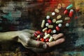 A persons hands hold a significant quantity of pills, emphasizing an intake of medication, A textured image showcasing the hurtful