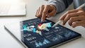 Person using a digital tablet with a global business map and data analytics Royalty Free Stock Photo