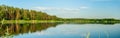 3 persons on the lonely boat in the middle of the lake that reflects forrest, under blue sky with clouds, panoramic background Royalty Free Stock Photo