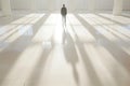 persons shadow cast dramatically on a pristine, white backlit floor