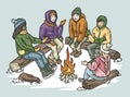 Persons sitting around winter campfire, engaged in conversation, season recreation for group of people. Warm and