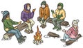 Persons sitting around winter campfire, engaged in conversation, season recreation for group of people. Warm and