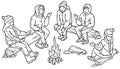 Persons sitting around winter campfire, engaged in conversation, season recreation for group of people. Warm and