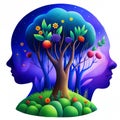persons thoughts forest two silhouettes human head facing tree roots one head branches head, duality harmony life balance Royalty Free Stock Photo