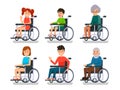 Persons in wheelchair. Hospital patient with disability. Disabled boy and girl, man woman and old people in wheelchairs