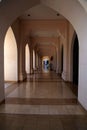 Perspective of the arcade with arches, columns and decorated floor, Muscat, Oman