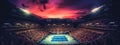 Perspective of Arthur Ashe Stadium with fans on Sunset. US Open tennis tournament finals on blue and green National