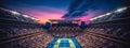 Perspective of Arthur Ashe Stadium with fans on Sunset. US Open tennis tournament finals on blue and green National