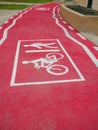 Perspective of Bicycle and pedestrian lane, track painted in red color and white line graphic sign, footpath, symbolic, sidewalk