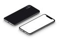 Perspective black smartphone like iPhone X mockup front side and back side CW rotated lying on surface