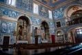 Interior of the Church of Santiago lined with blue tile panels and altars, AlcÃ¡cer do Sal - PORTUGAL