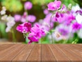 Perspective brown wood over blur flower in forest - can be used for display or montage your products. Royalty Free Stock Photo