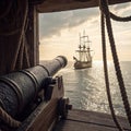 Perspective of a cannon aiming at a distant sailing galleon under a clear sky. Illustration created with AI. Royalty Free Stock Photo