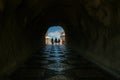 Perspective of claustrophobic underground walkway tunnel in Algarve Portugal.