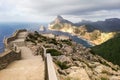 Perspective of the cliffs on the coastline of Cape Formentor on the island of Mallorca with the cloudy sky from the top of a