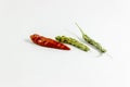 Perspective close-up shoot of dried red and green colored peppers on white background Royalty Free Stock Photo