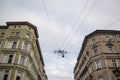 Perspective of a cross street in Wroclaw, Poland with contrast between new and old buildings and wire with street light Royalty Free Stock Photo