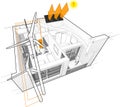 Apartment diagram connected to the wind turbines and photovoltaic panels Royalty Free Stock Photo