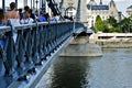 perspective detail view of the newly renovated Chain Bridge in Budapest, Hungary