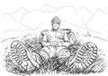 Perspective drawing of hiker man sitting on ground