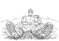 Perspective drawing of hiker man sitting outdoor on ground