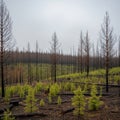 Perspective emphasizes the depth of the forest recovering from the fire Royalty Free Stock Photo