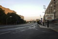 Perspective of empty Smolenskaya street with signboards promoting the covid-19 vaccination in Moscow, Russia.