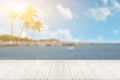 Perspective empty white wooden table on top over blur seascape background Royalty Free Stock Photo