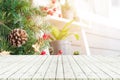 Perspective empty wooden table in front ofchristmas tree and blu Royalty Free Stock Photo