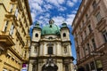 perspective exterior elevation of the St. Peter\'s catholic church in Vienna, Austria. green copper plated cupola