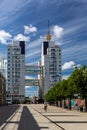 Perspective front view of two skyscraper towers with sky bridge near Globen in Stockholm Sweden. Royalty Free Stock Photo