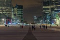 France, Paris Perspective Game at La Defense District With Peoples and Towers at Night