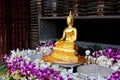 Perspective golden buddha statue surrounded orchids. Royalty Free Stock Photo