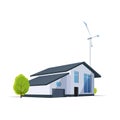 Perspective of the house with wind turbine on background. Green energy modern building.