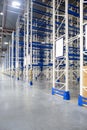 Perspective of Huge distribution warehouse with high empty shelves