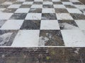 Perspective image of floor with black and white tiles. Chess board made of stone. Old picture Royalty Free Stock Photo