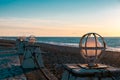 Perspective from lamps on the embankment by the sea. sky at sunset time and lighting limp balls Royalty Free Stock Photo