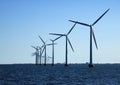 Perspective line of ocean windmills in back light