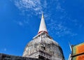 The perspective of the main larger stupa on the blue sky background