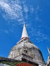 The perspective of the main larger stupa on the blue sky background